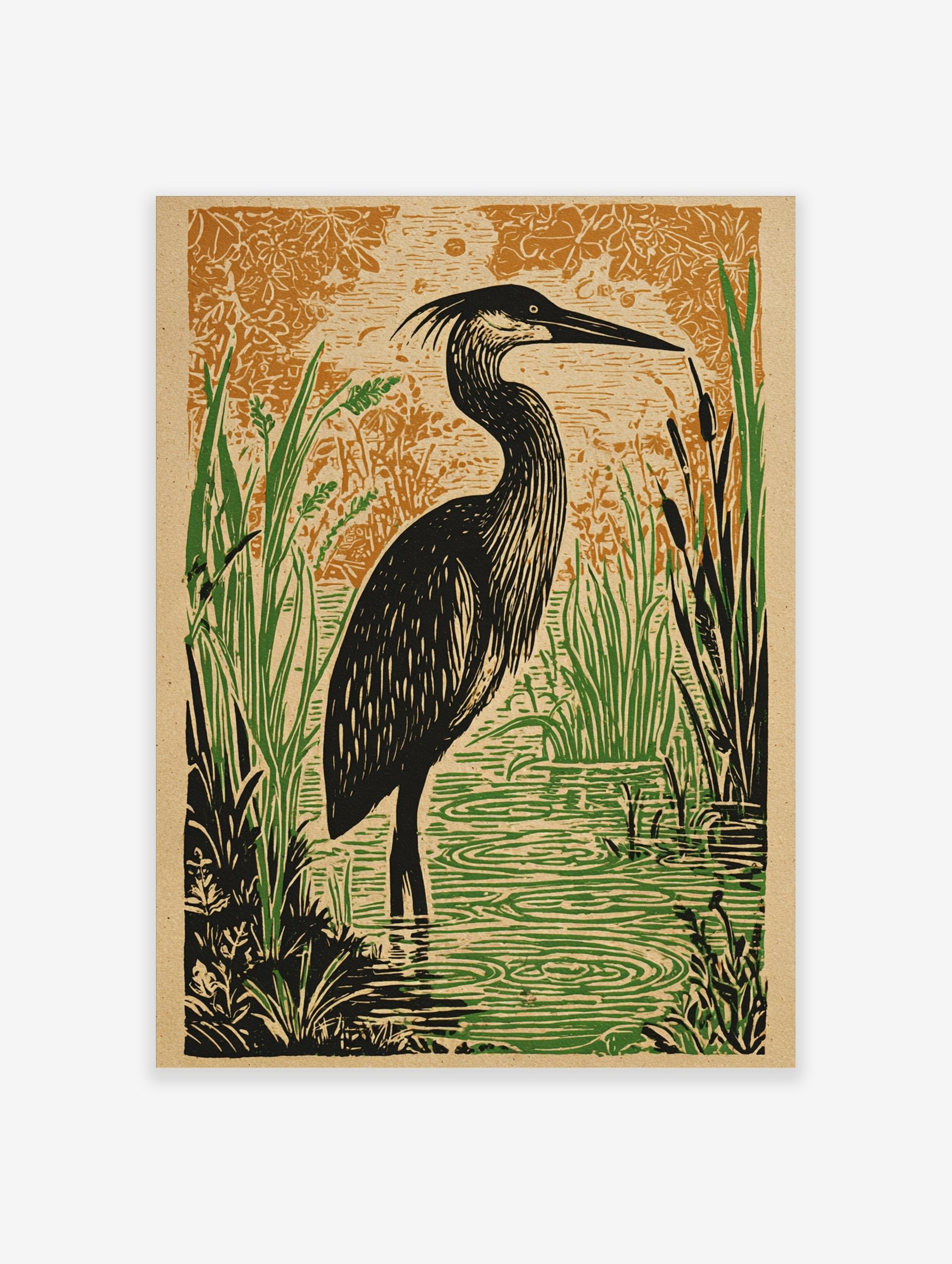 Illustrative heron bird art print in black, green, and orange, standing in a marsh with reeds and patterned background