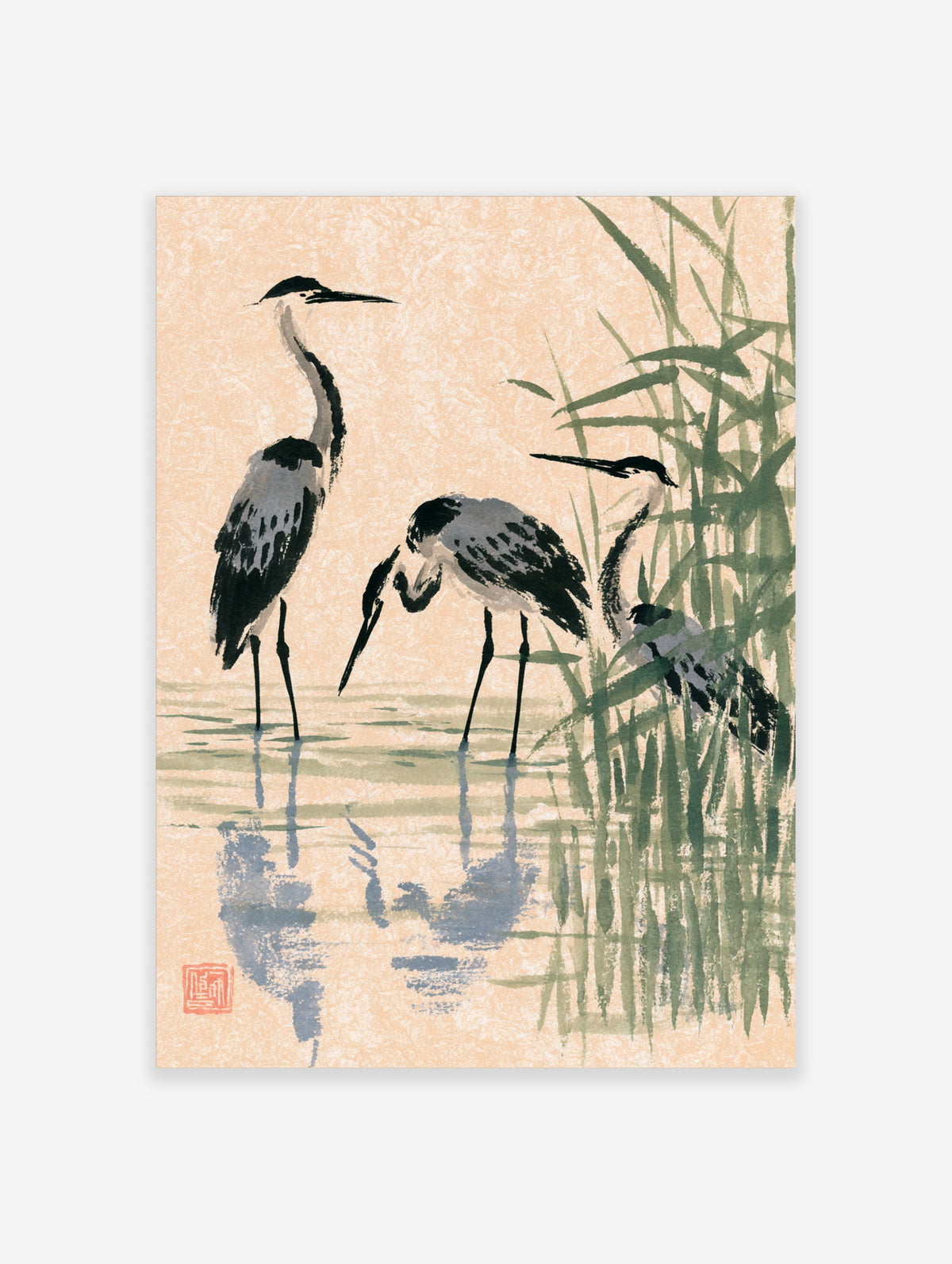 Japanese ink wash heron art print with three grey birds standing in water beside green reeds