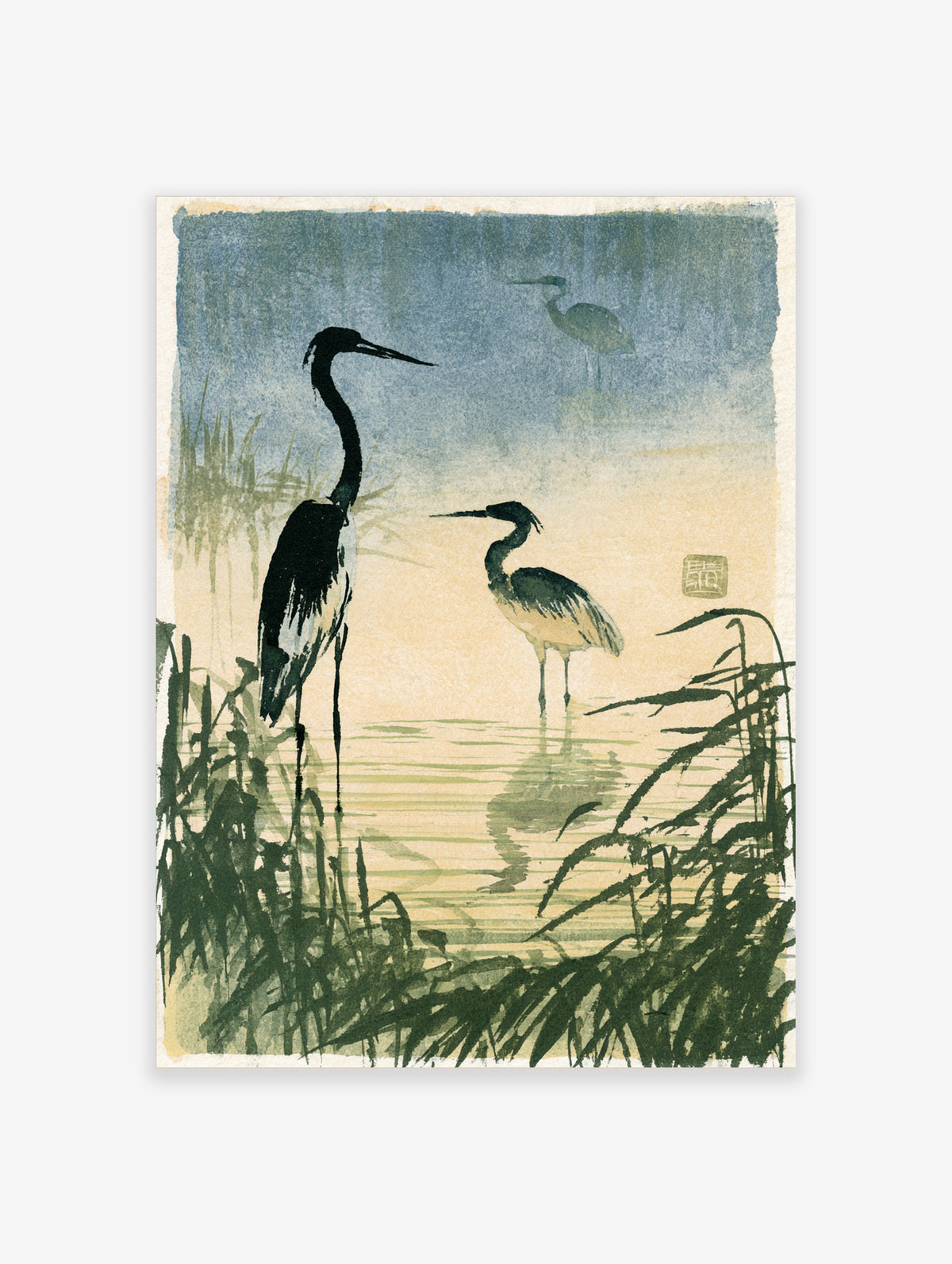 Ink-wash heron art print with three birds in a misty marsh, green reeds, and a blue to beige background