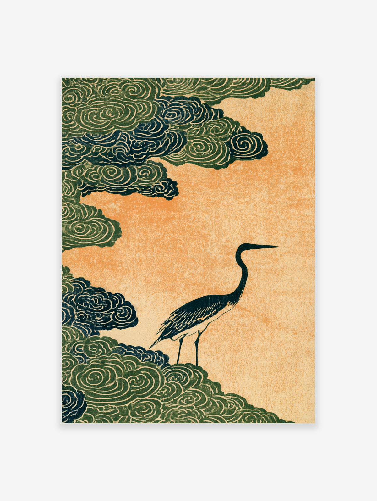 Heron bird art print with green swirling clouds on orange background