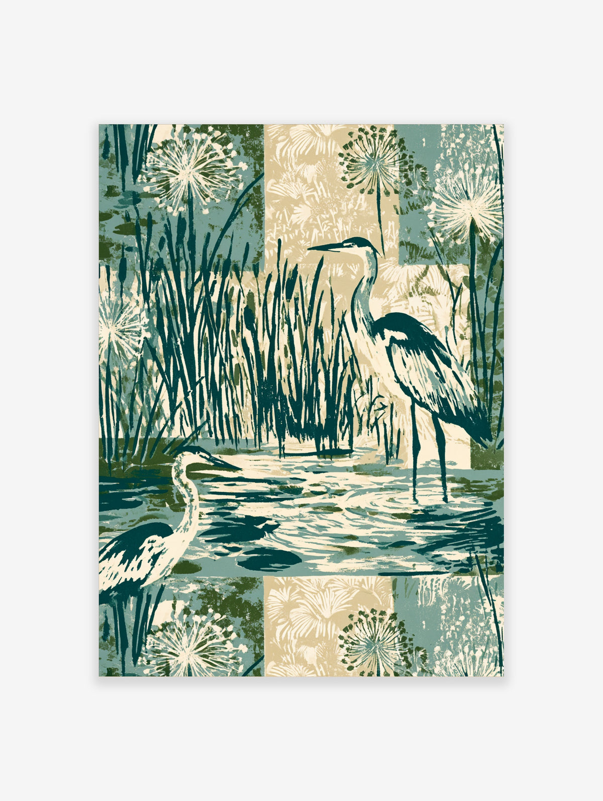 Heron wall art print with two birds among reeds and dandelion seed heads in teal, green, and cream