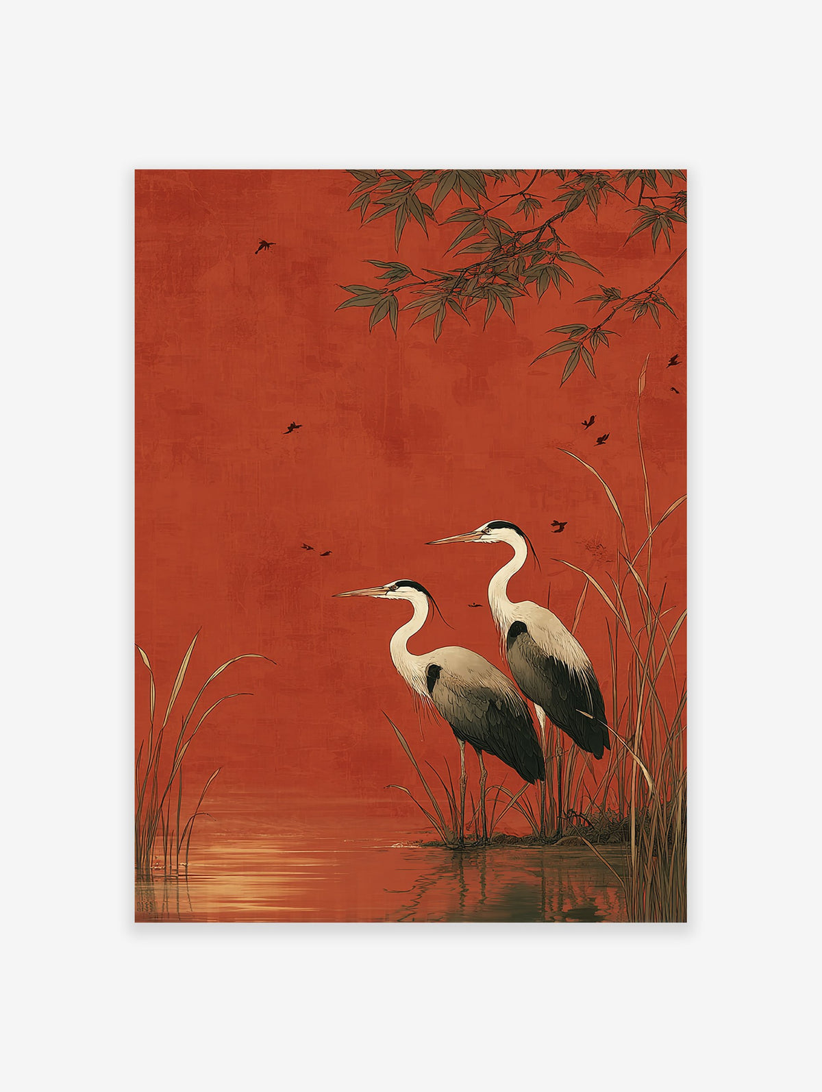 Two herons standing in water with reeds against a red background, with bamboo leaves and small birds flying.