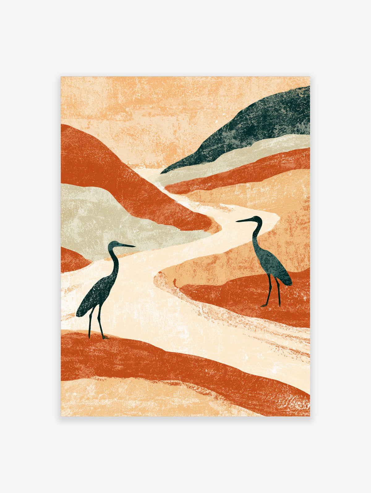 Minimalist heron art print with two dark birds in a stylised river landscape of rust, cream, and teal