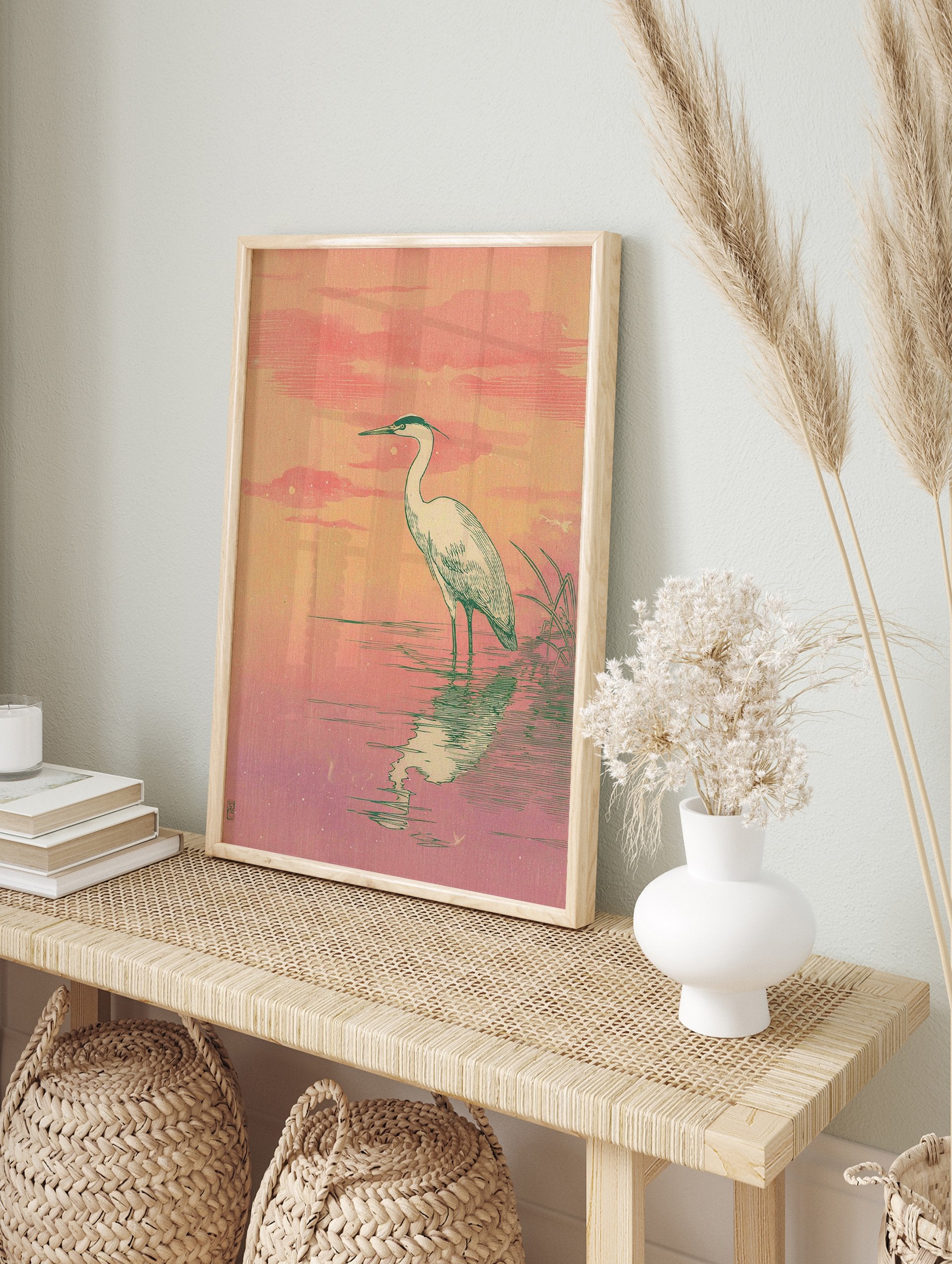 Japanese style heron wall art print featuring a white egret standing in pink and orange water with a sunset sky. - Image 3