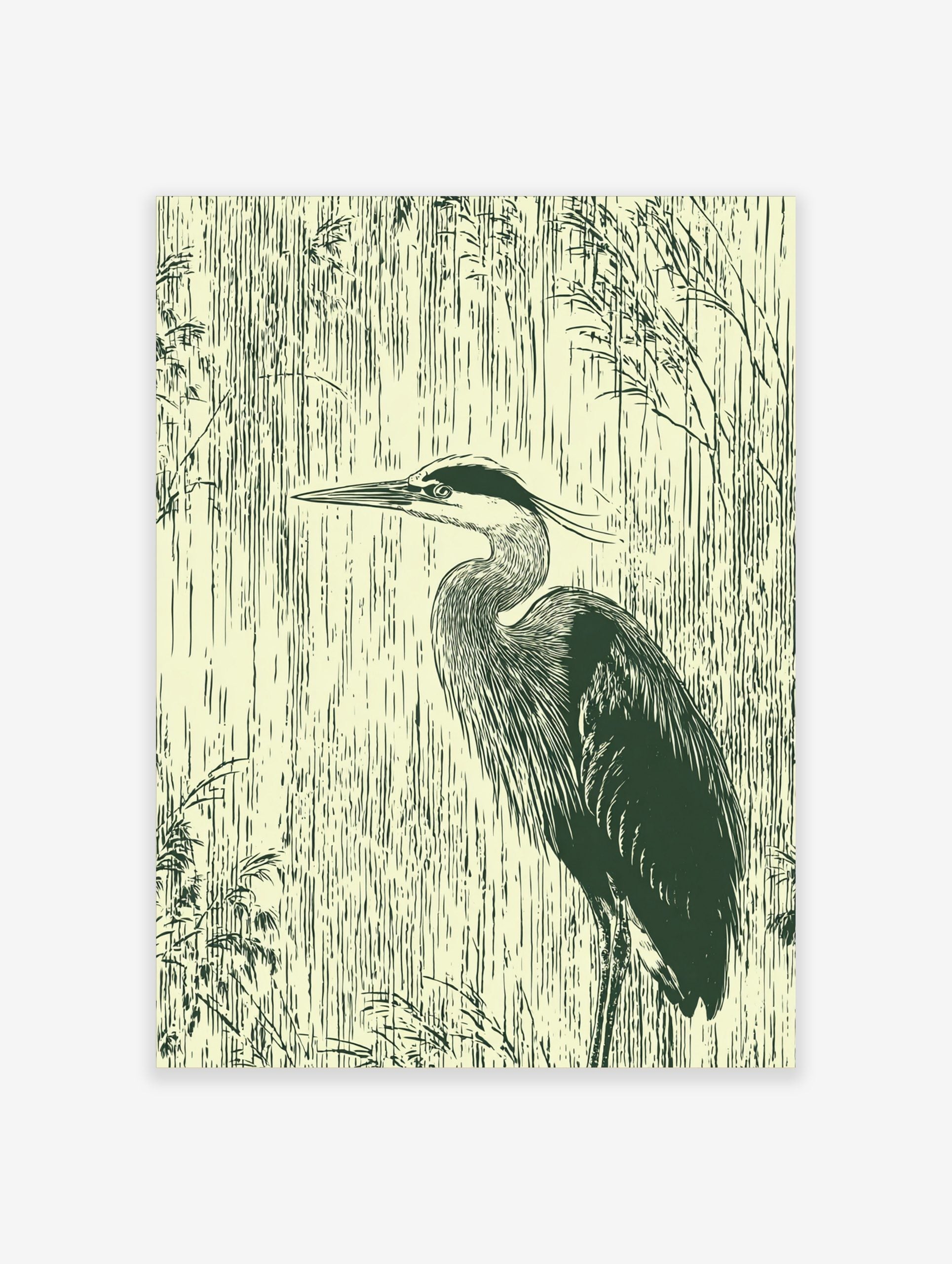 Illustrative dark green heron in profile against vertical cream reeds wall art print