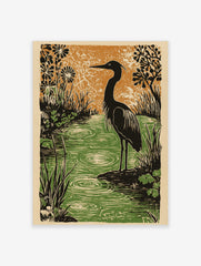 Heron bird standing by rippled green water with black stylised plants and orange background, linocut style