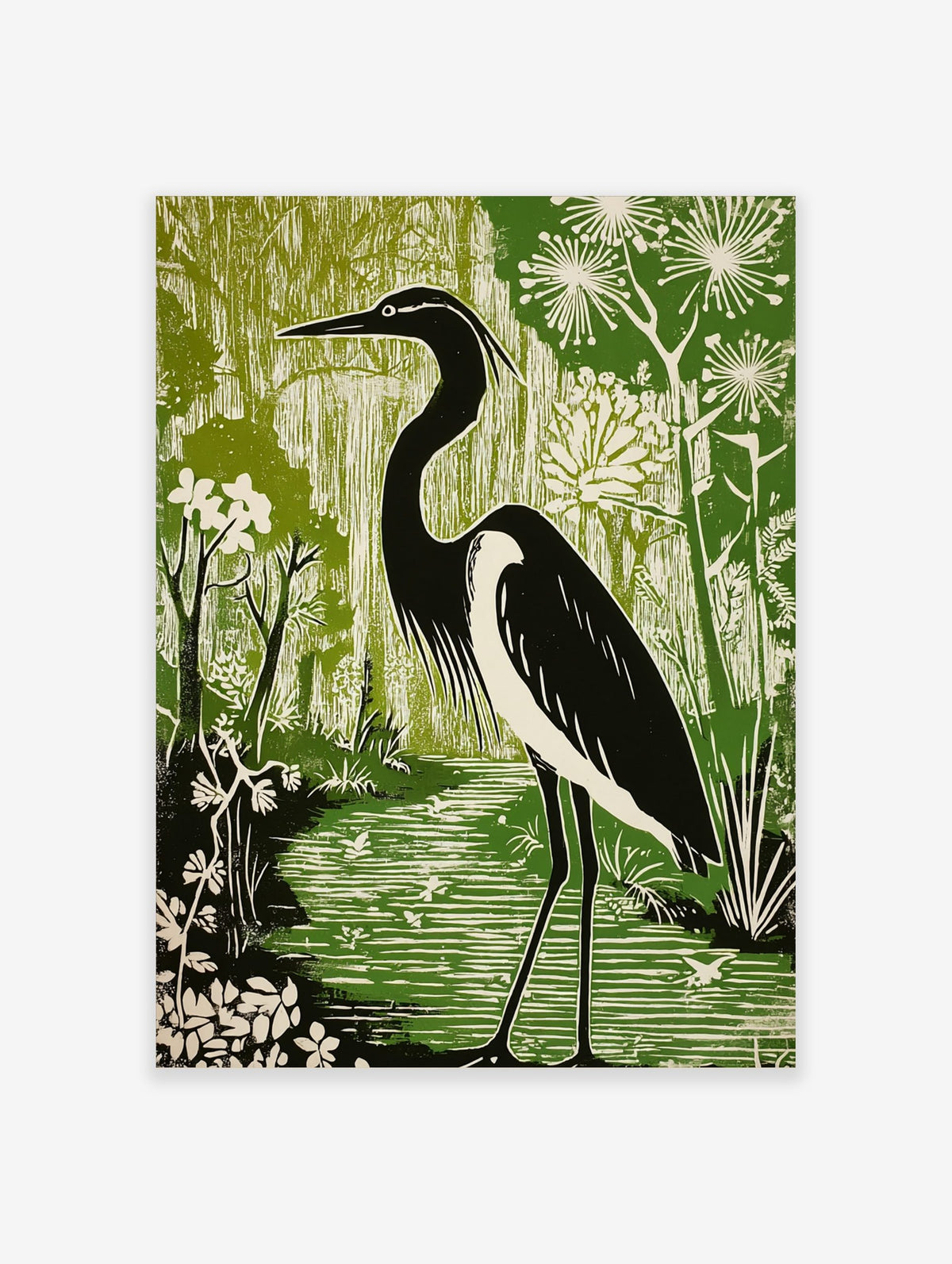 Black and white heron standing in a green wetland with flowering plants, in a linocut style art print
