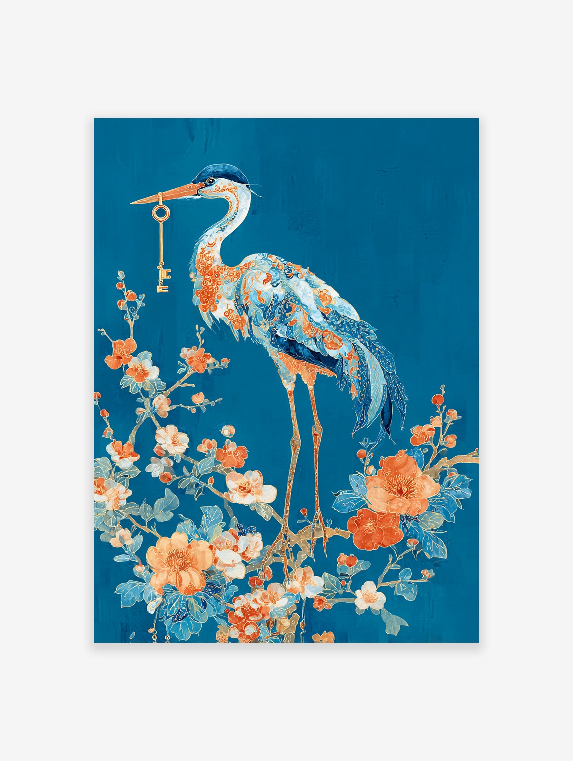 Elegant Heron with Key poster standing on a floral branch with orange and blue flowers against a deep blue background.