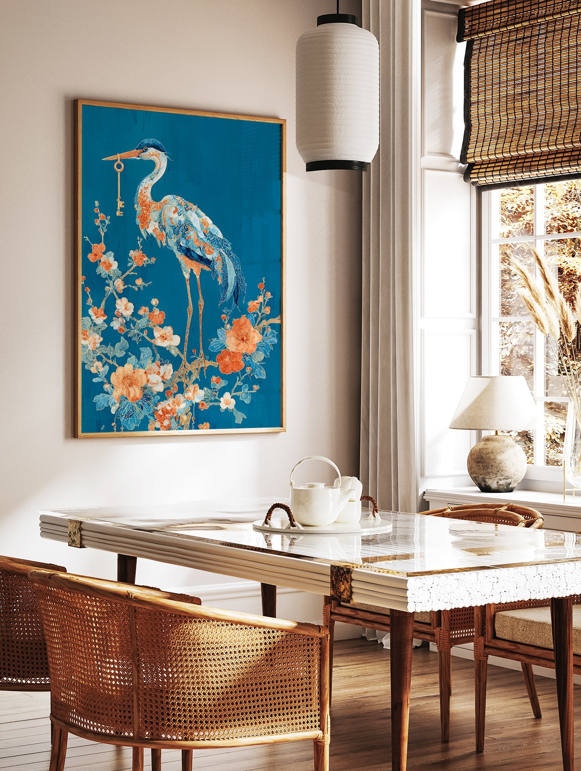 Elegant Heron with Key poster standing on a floral branch with orange and blue flowers against a deep blue background. - Image 2