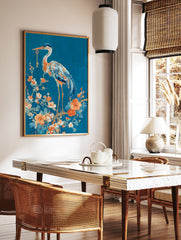 Elegant Heron with Key poster standing on a floral branch with orange and blue flowers against a deep blue background. - Image 2