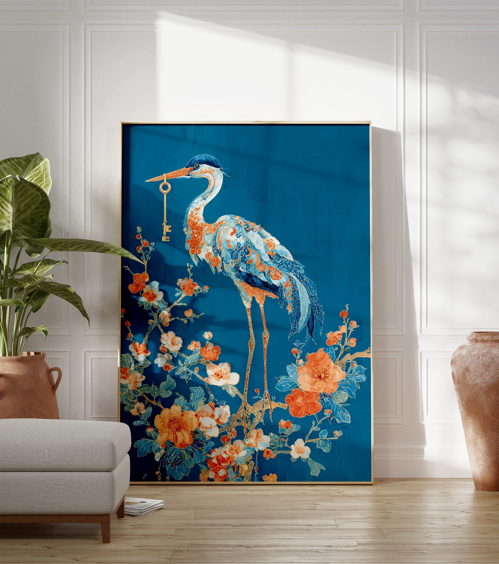 Elegant Heron with Key poster standing on a floral branch with orange and blue flowers against a deep blue background. - Image 3