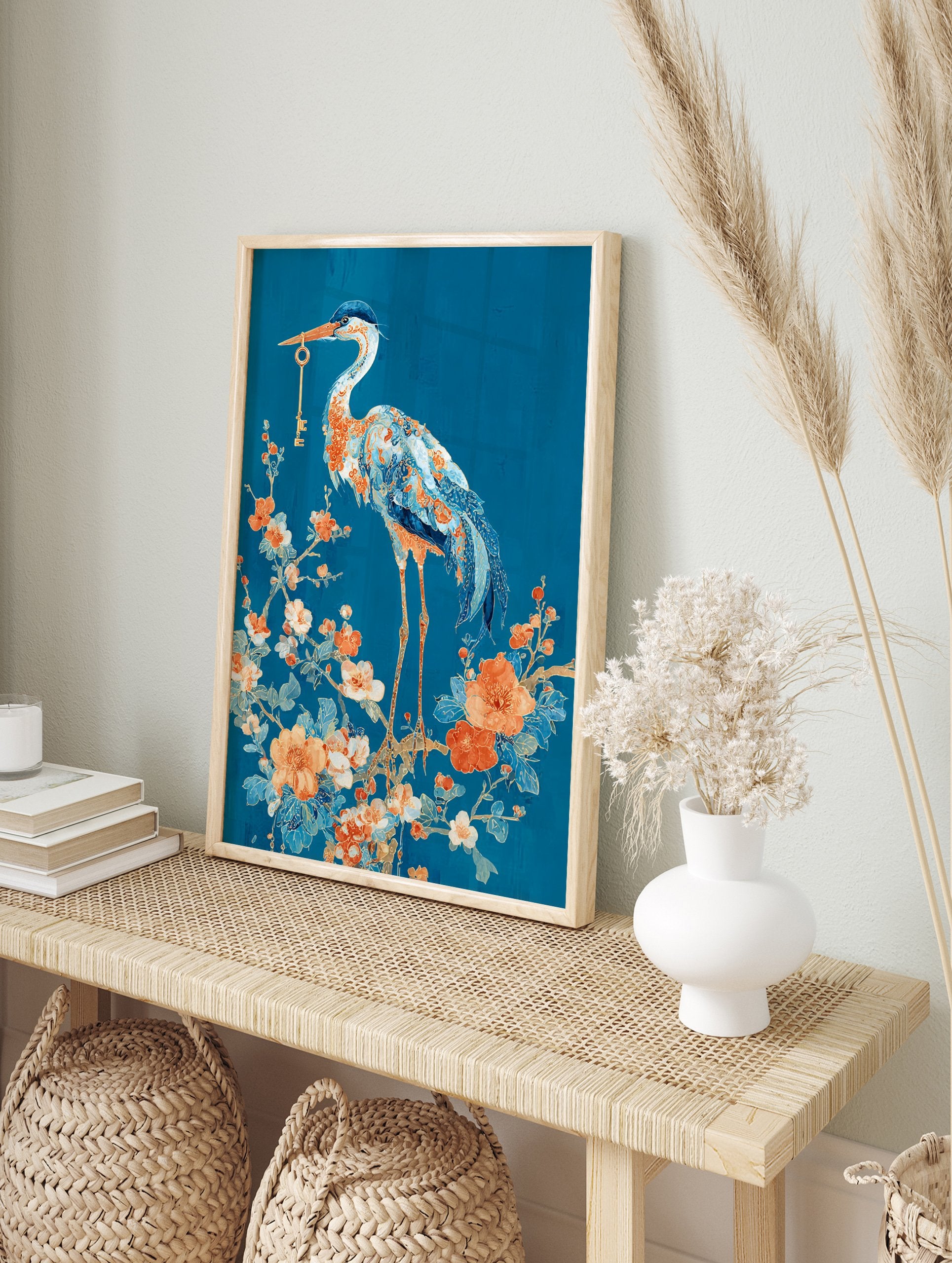 Elegant Heron with Key poster standing on a floral branch with orange and blue flowers against a deep blue background. - Image 4