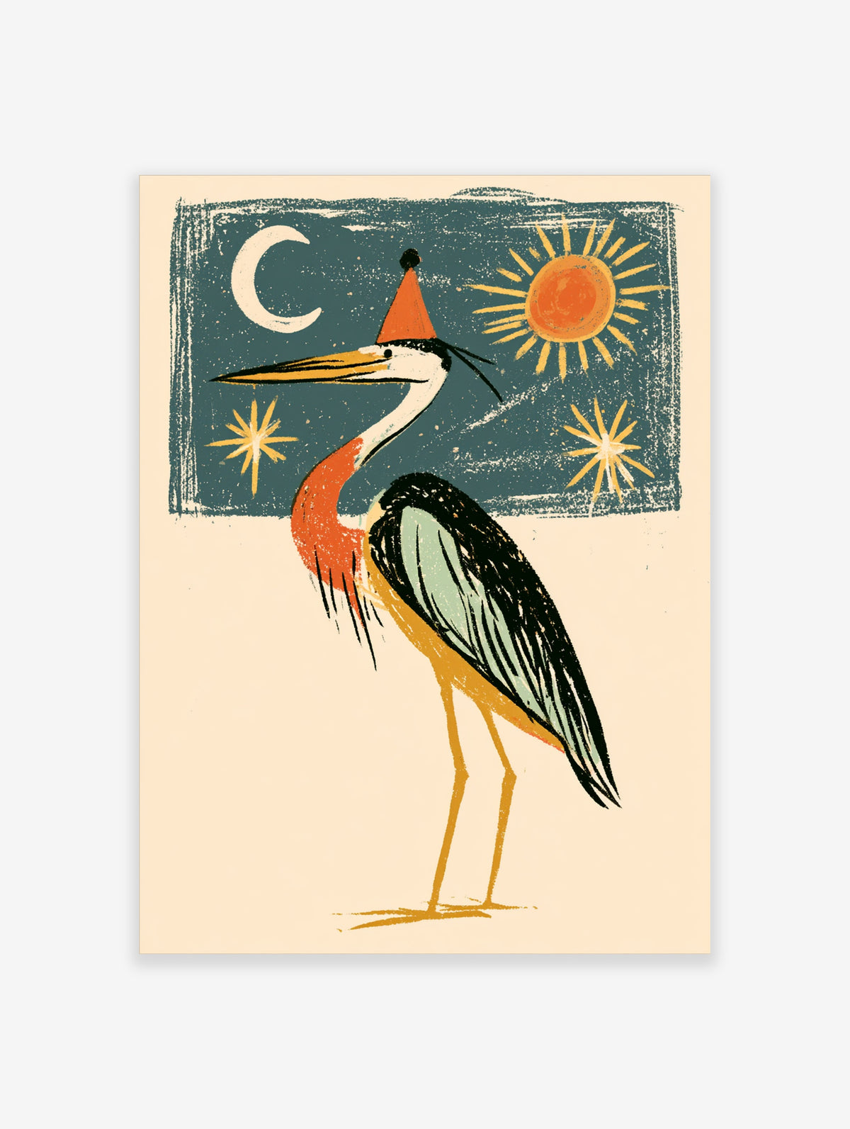 Illustrated heron in orange party hat with teal block, crescent moon and sun on cream background