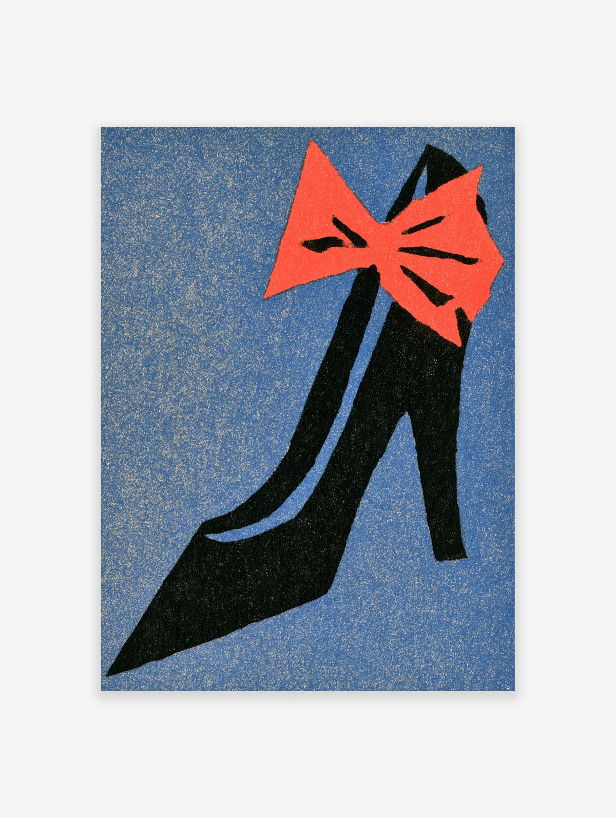 Illustrative high heel shoe print with a black stiletto and red bow on a textured blue background