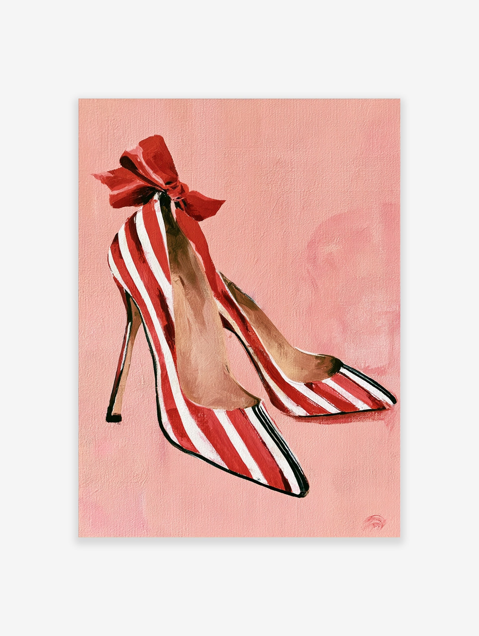 Illustrative print of red and white striped high heel shoes with a large red bow on a soft pink background