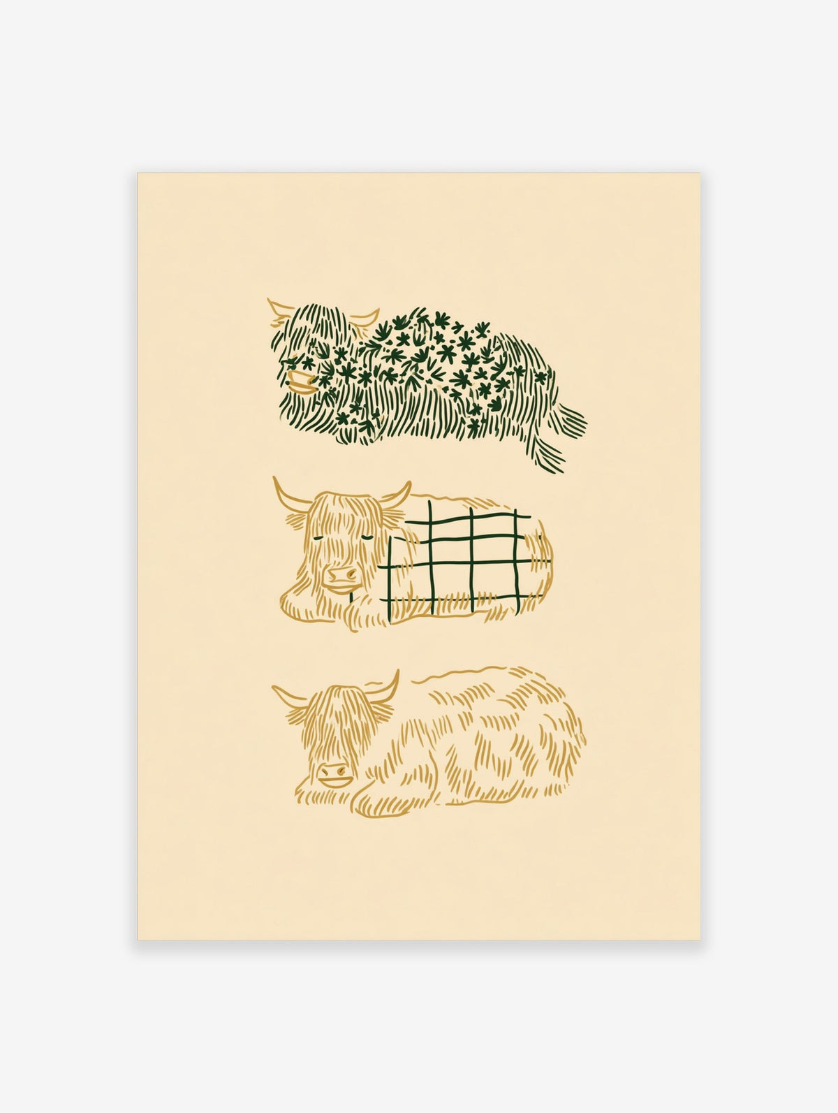 Three stylised Highland cows in green and gold, with leafy and plaid patterns, on a beige background