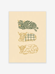 Three stylised Highland cows in green and gold, with leafy and plaid patterns, on a beige background
