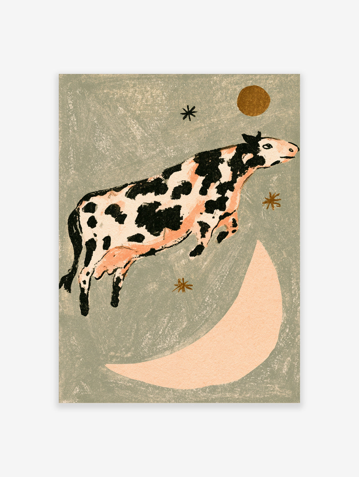 Spotted cow jumping over pink crescent moon with gold stars on sage green background, animal poster