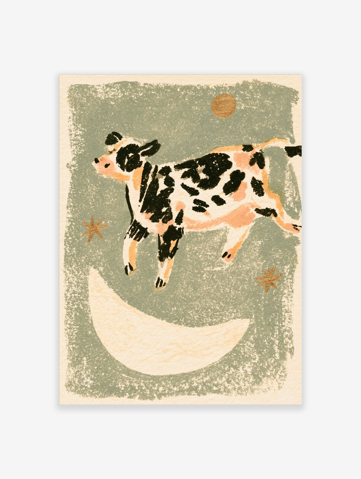 Highland cow leaping over a crescent moon with gold stars on a sage green background art print