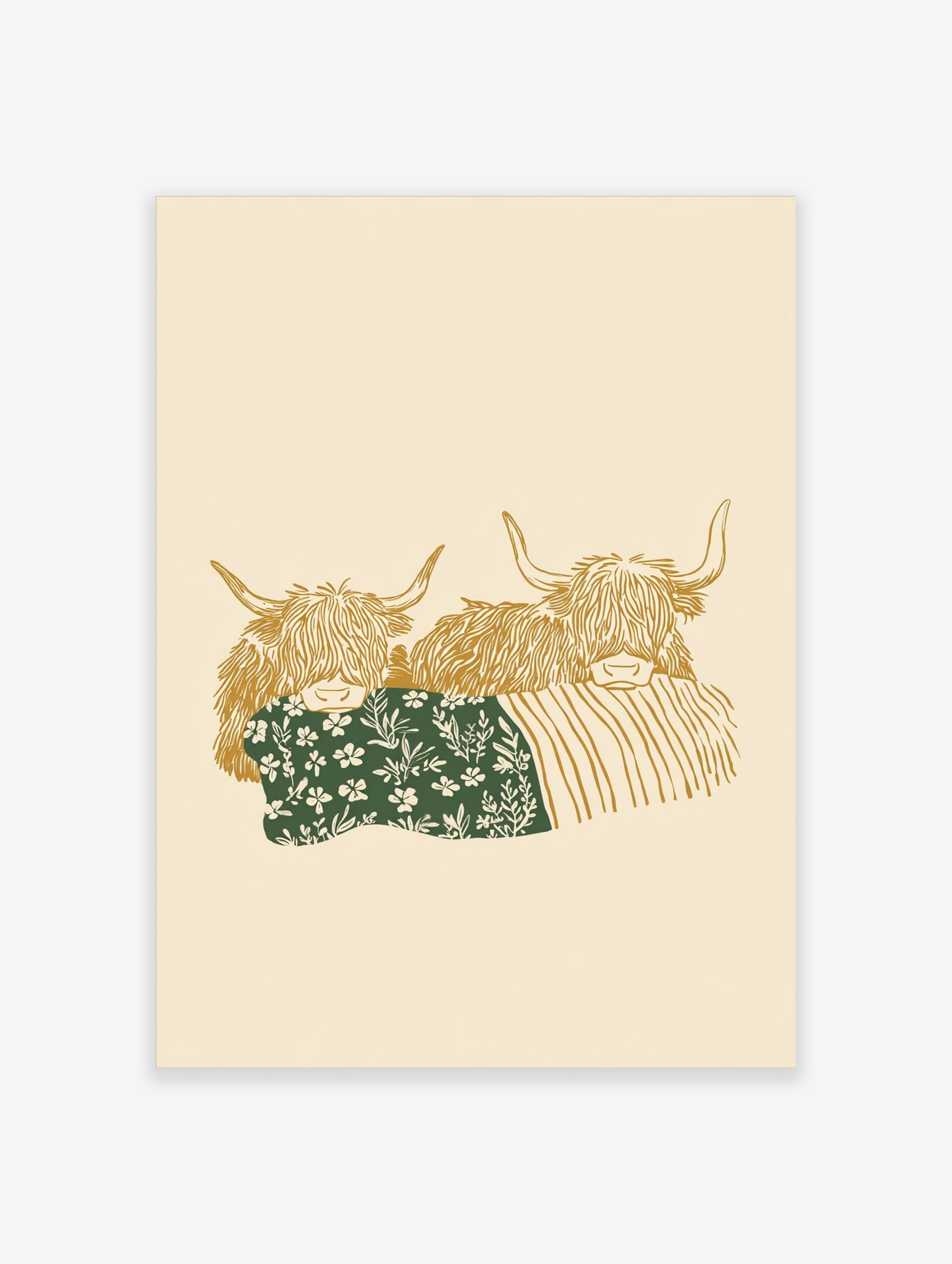 Illustrative art print of two golden Highland cows, one with a green floral blanket, on a beige background