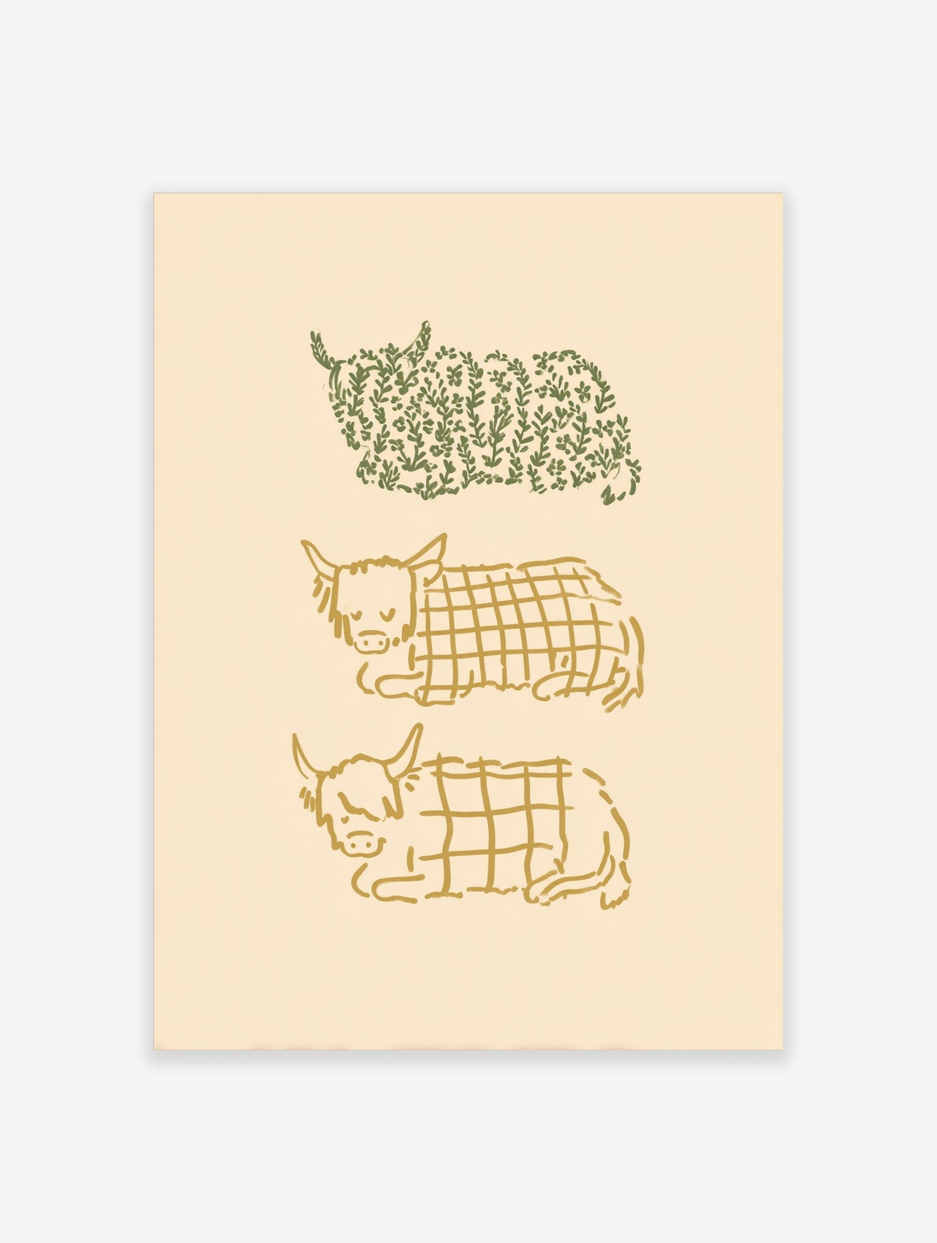 Three stylised Highland cow illustrations, one green botanical and two golden plaid, stacked vertically