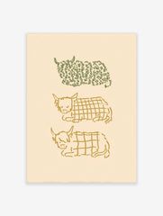 Three stylised Highland cow illustrations, one green botanical and two golden plaid, stacked vertically