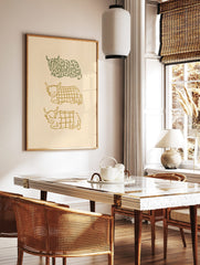Three stylised Highland cow illustrations, one green botanical and two golden plaid, stacked, in a styled room mockup