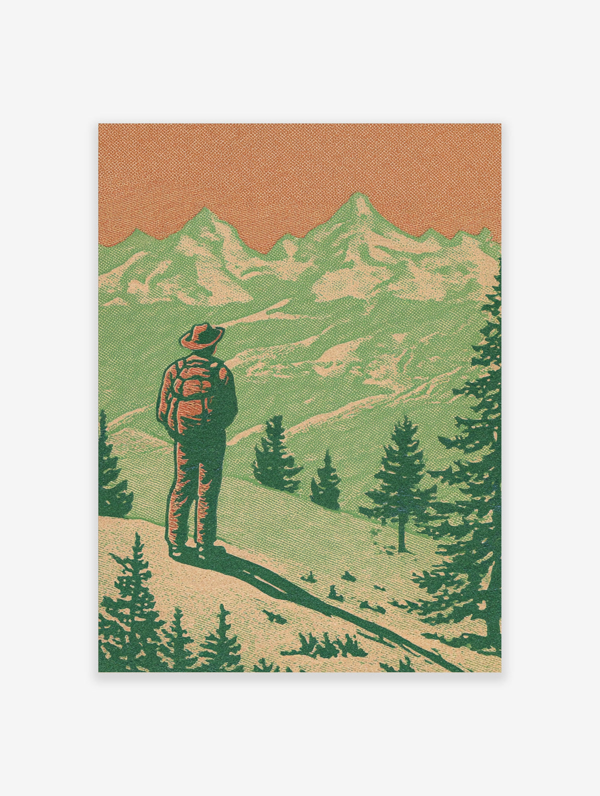 Retro hiker with backpack looking at green mountain peaks and pine trees, orange sky landscape poster