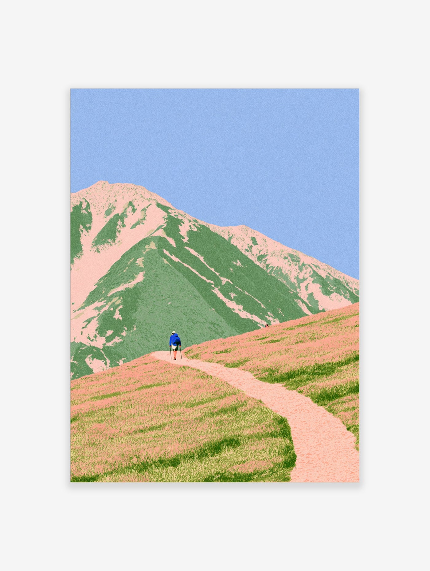 Minimalist mountain landscape illustration featuring a hiker on a winding path with green slopes and a clear blue sky