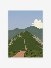 Hiker walking up a green mountain path towards a summit in a serene landscape art print