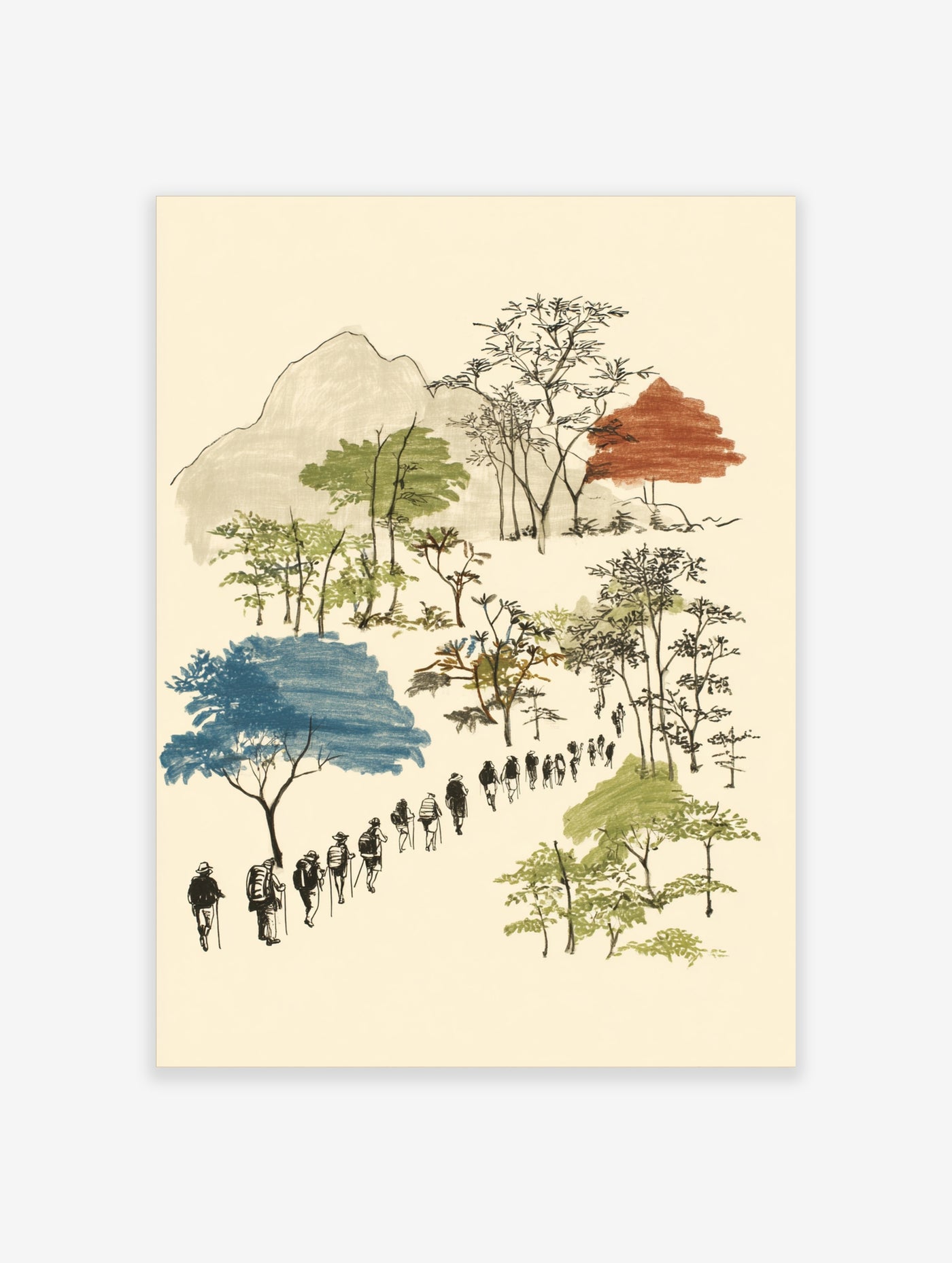 Hiking trail wall art with line of hikers, stylized trees, and grey mountain in earthy tones