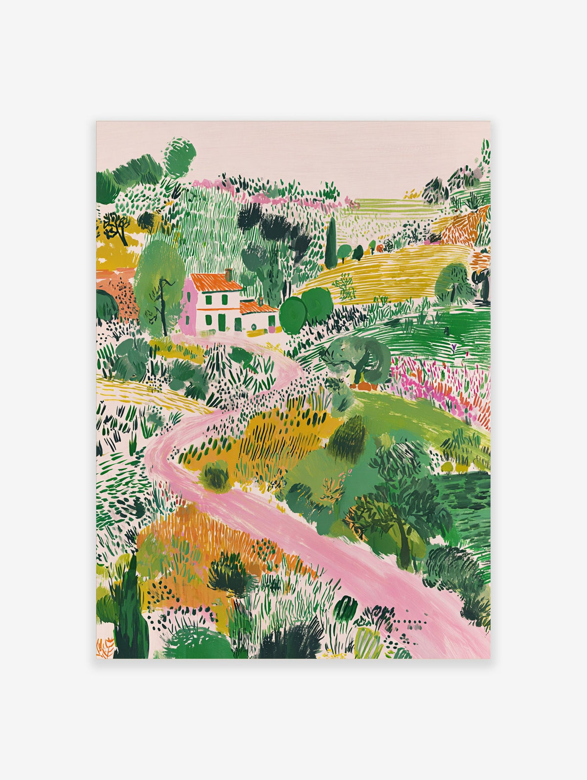 Illustrative landscape art print with a white house, orange roof, green fields, and a winding pink path