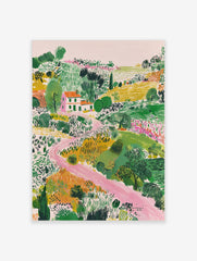 Illustrative landscape art print with a white house, orange roof, green fields, and a winding pink path