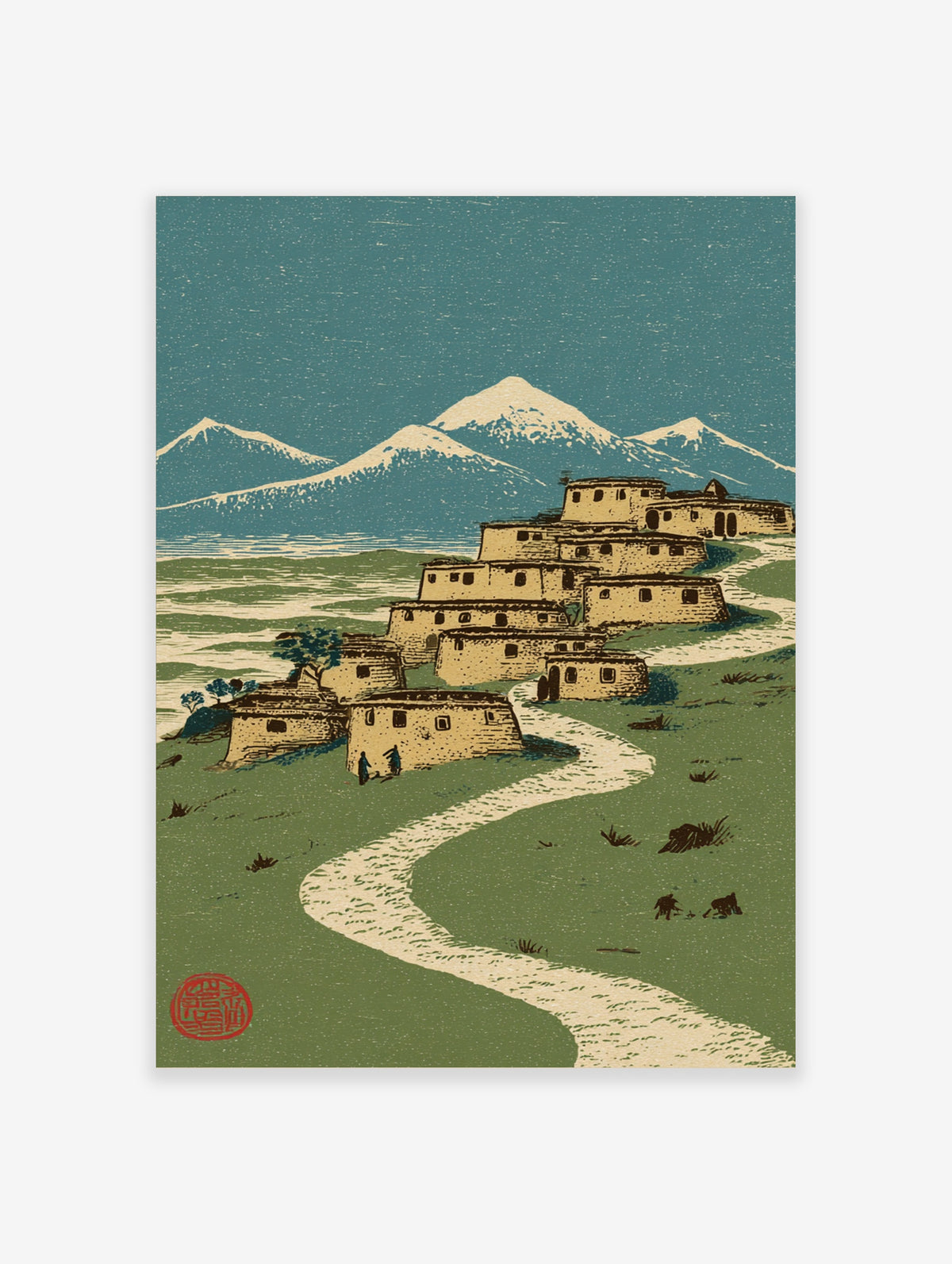 Himalayan village landscape print with terraced houses, winding path, and snowy mountains