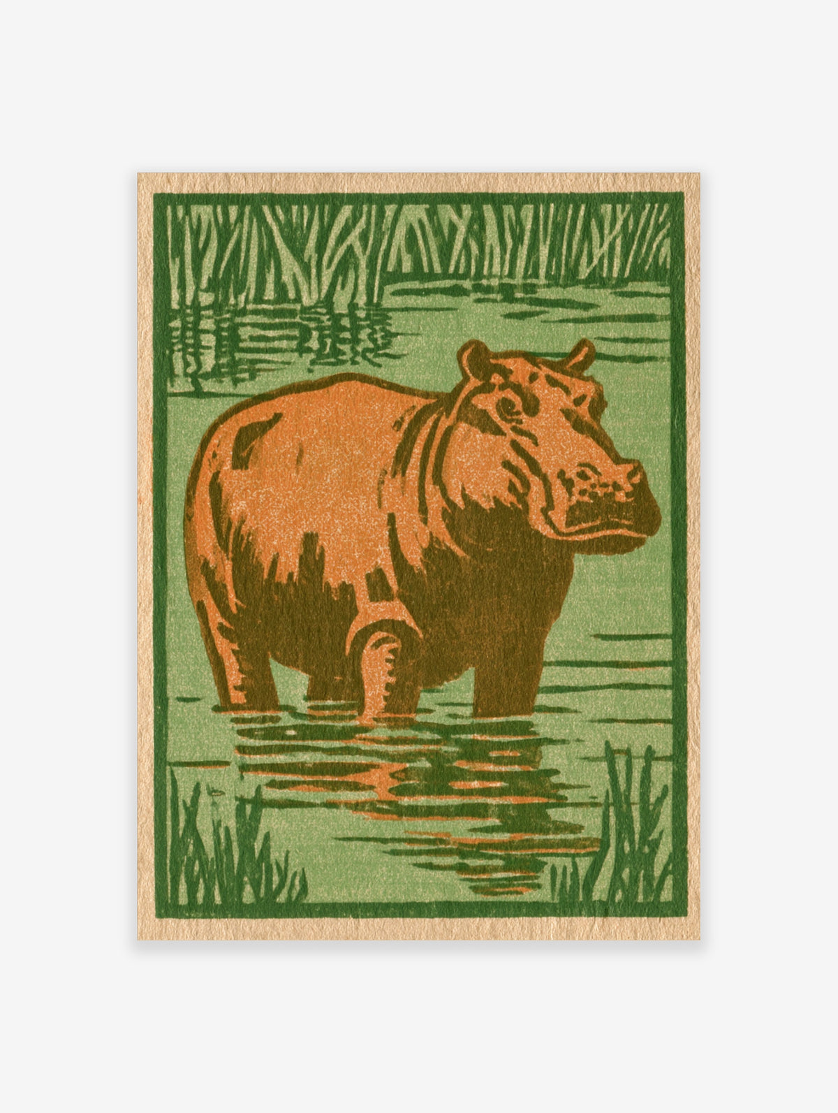 Illustrative hippo standing in water with green reeds, orange and green palette, block print style wall art print
