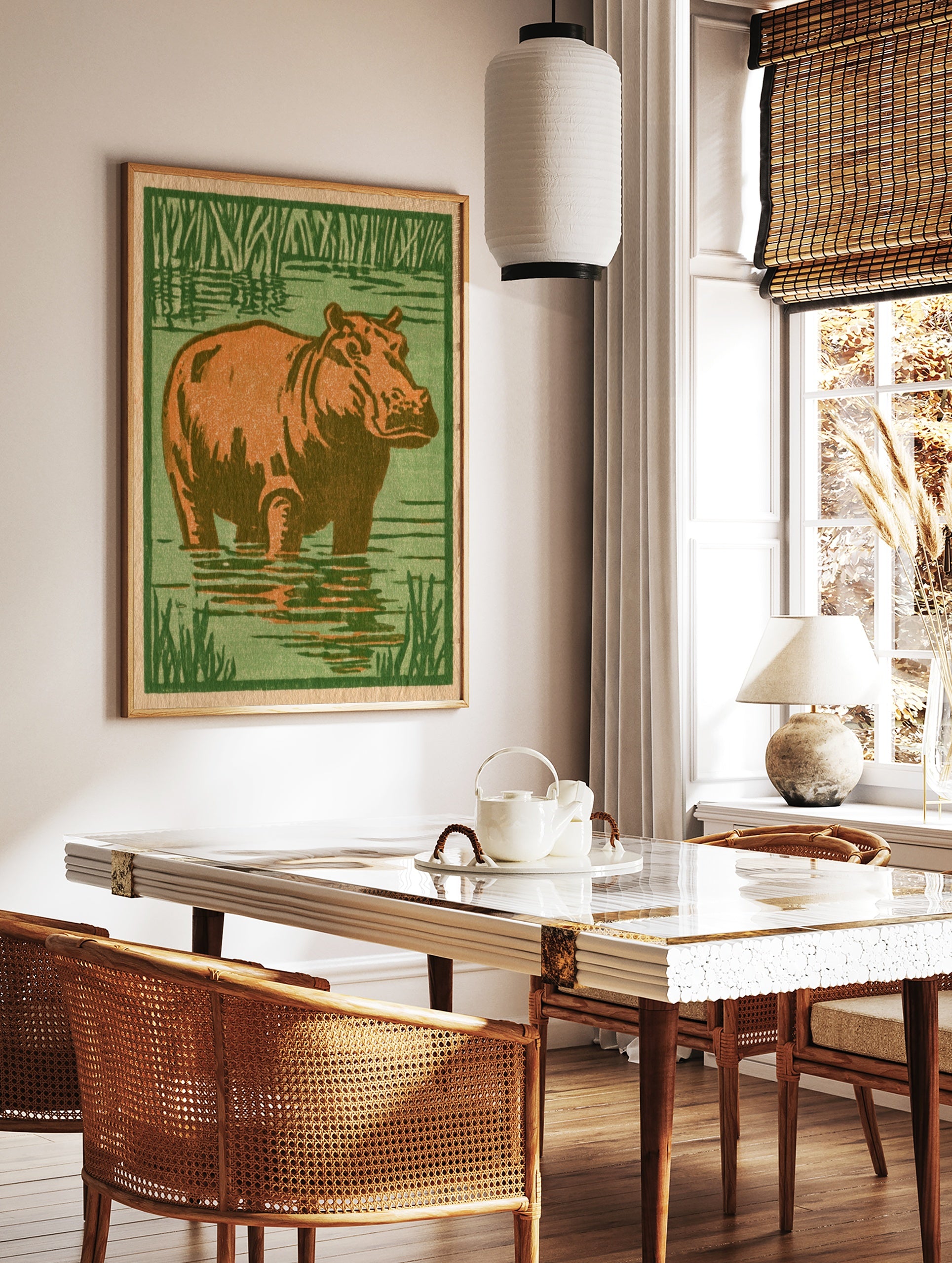 Illustrative hippo standing in water with green reeds, orange and green palette, block print style, in a styled room mockup