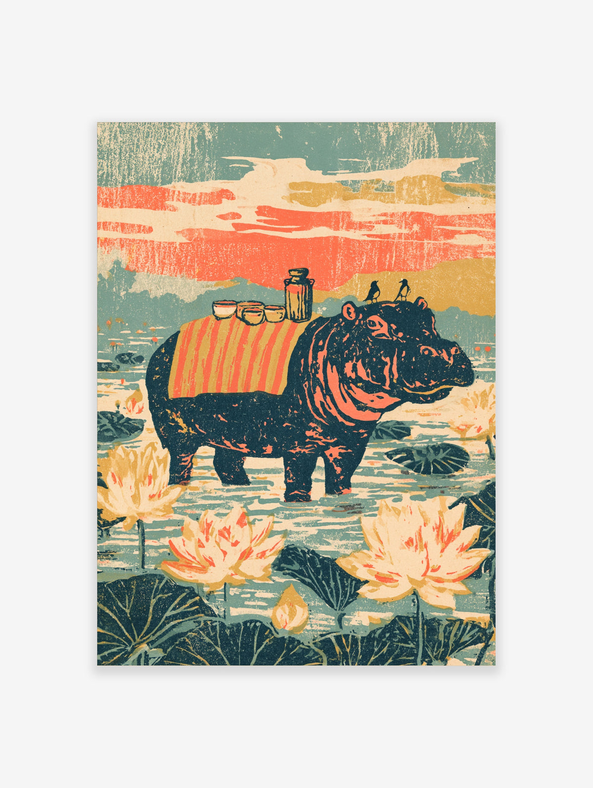 Hippo in lotus pond poster with striped saddle, glass jar, two birds, teal and coral tones