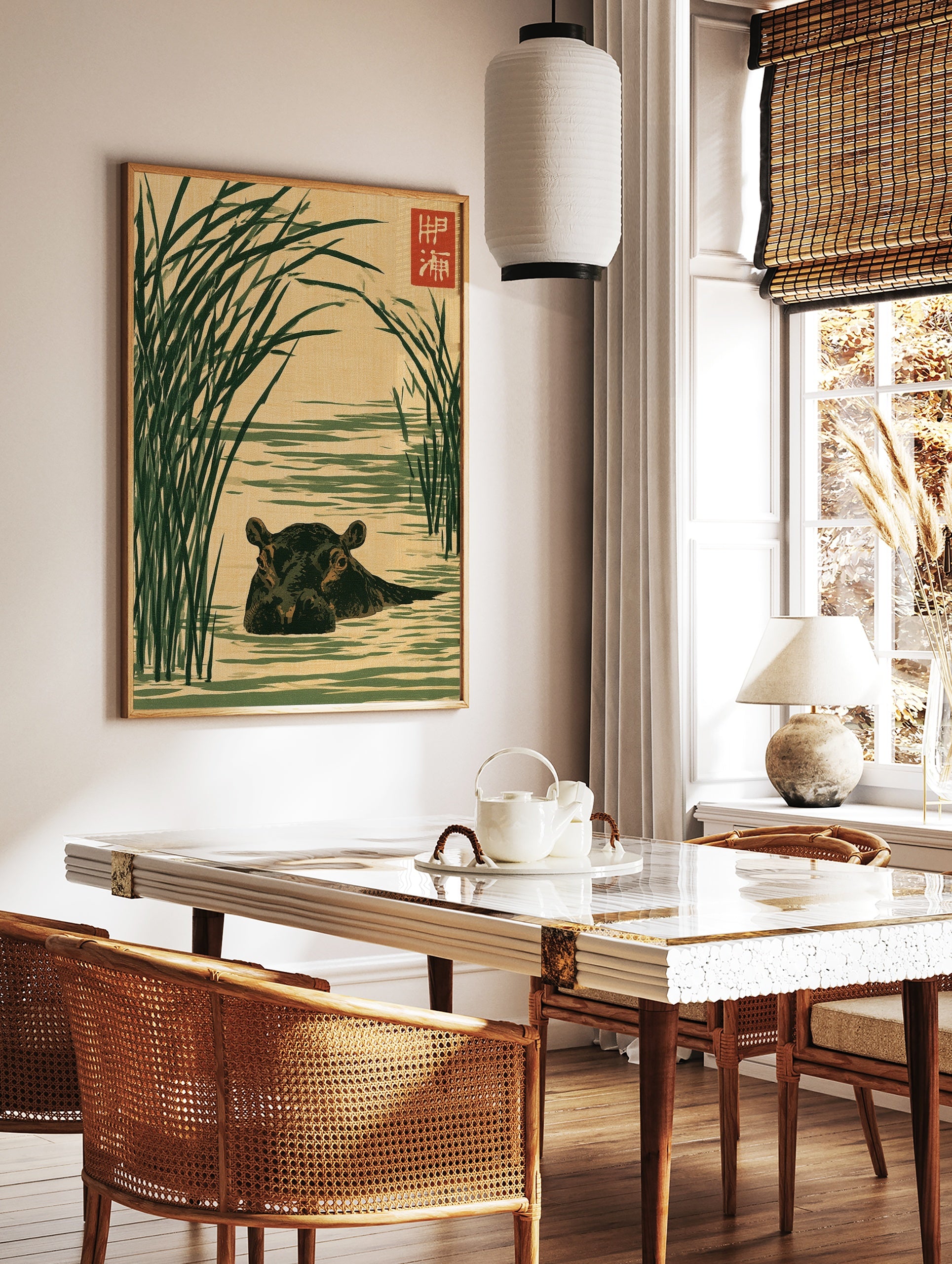Japanese-style illustration of a hippo in water surrounded by tall green reeds on a tan background, in a styled room mockup