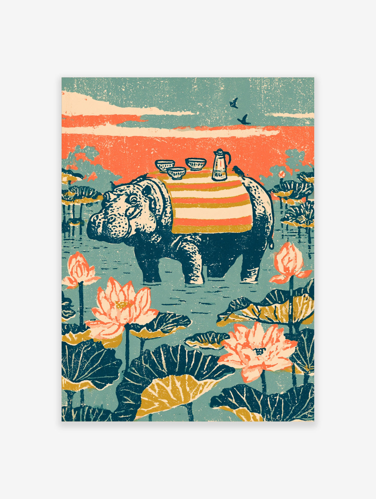 Hippo in lotus pond with striped blanket, teapot and bowls, coral sky and birds