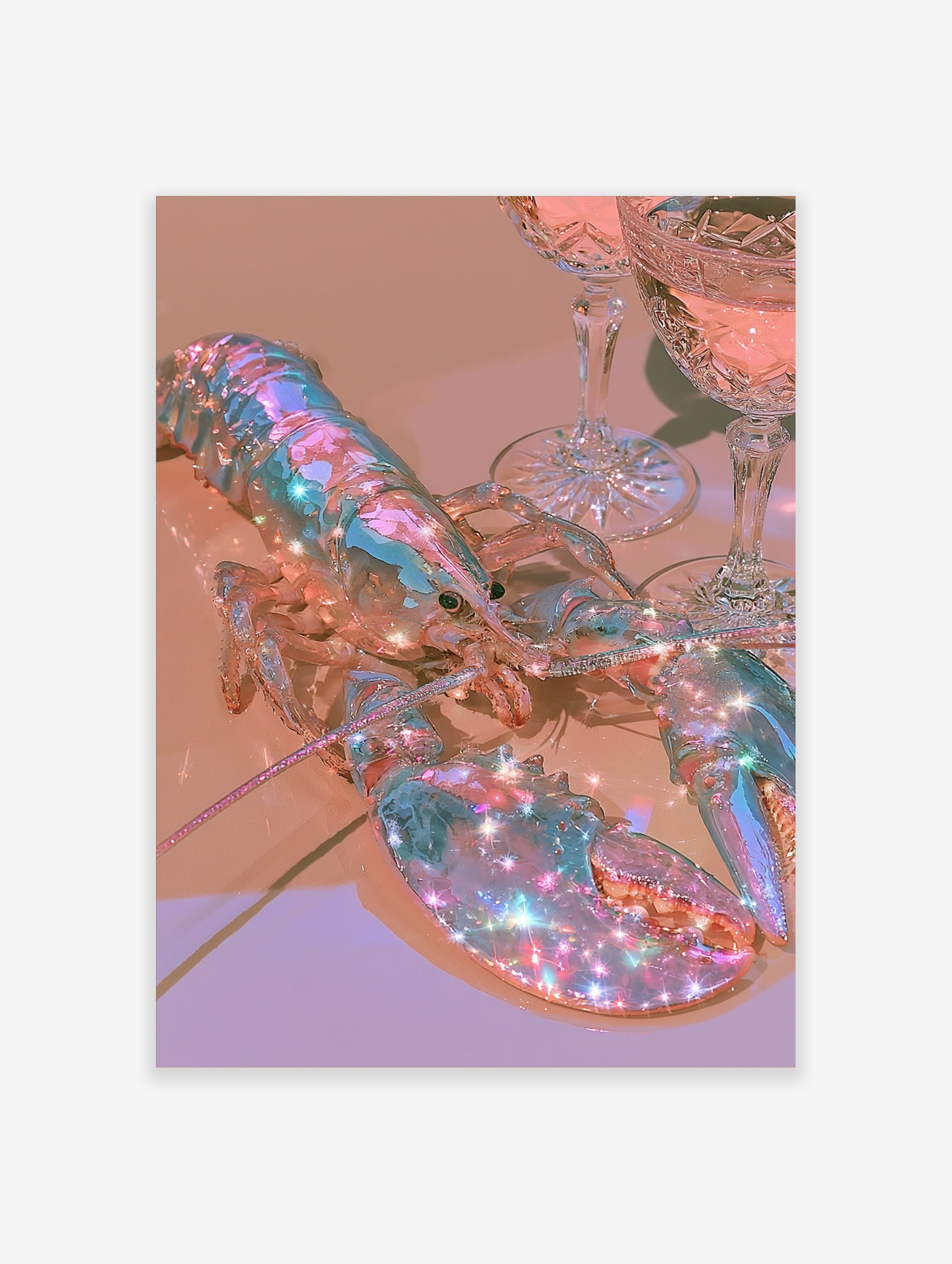 Holographic lobster artwork with iridescent shell and sparkling light effects next to crystal glasses on a neutral surface