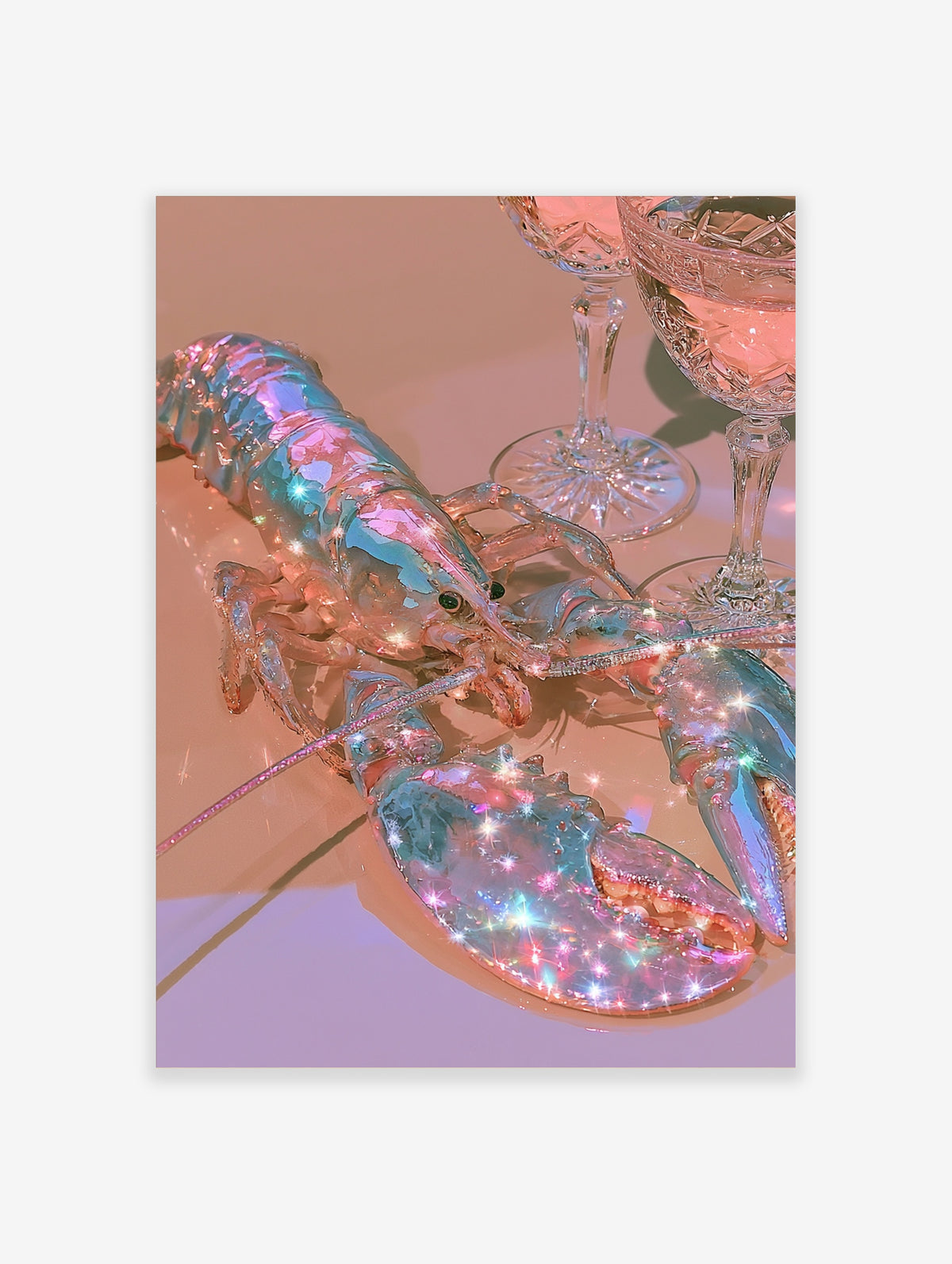 Holographic lobster artwork with iridescent shell and sparkling light effects next to crystal glasses on a neutral surface