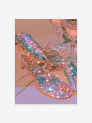 Holographic lobster artwork with iridescent shell and sparkling light effects next to crystal glasses on a neutral surface