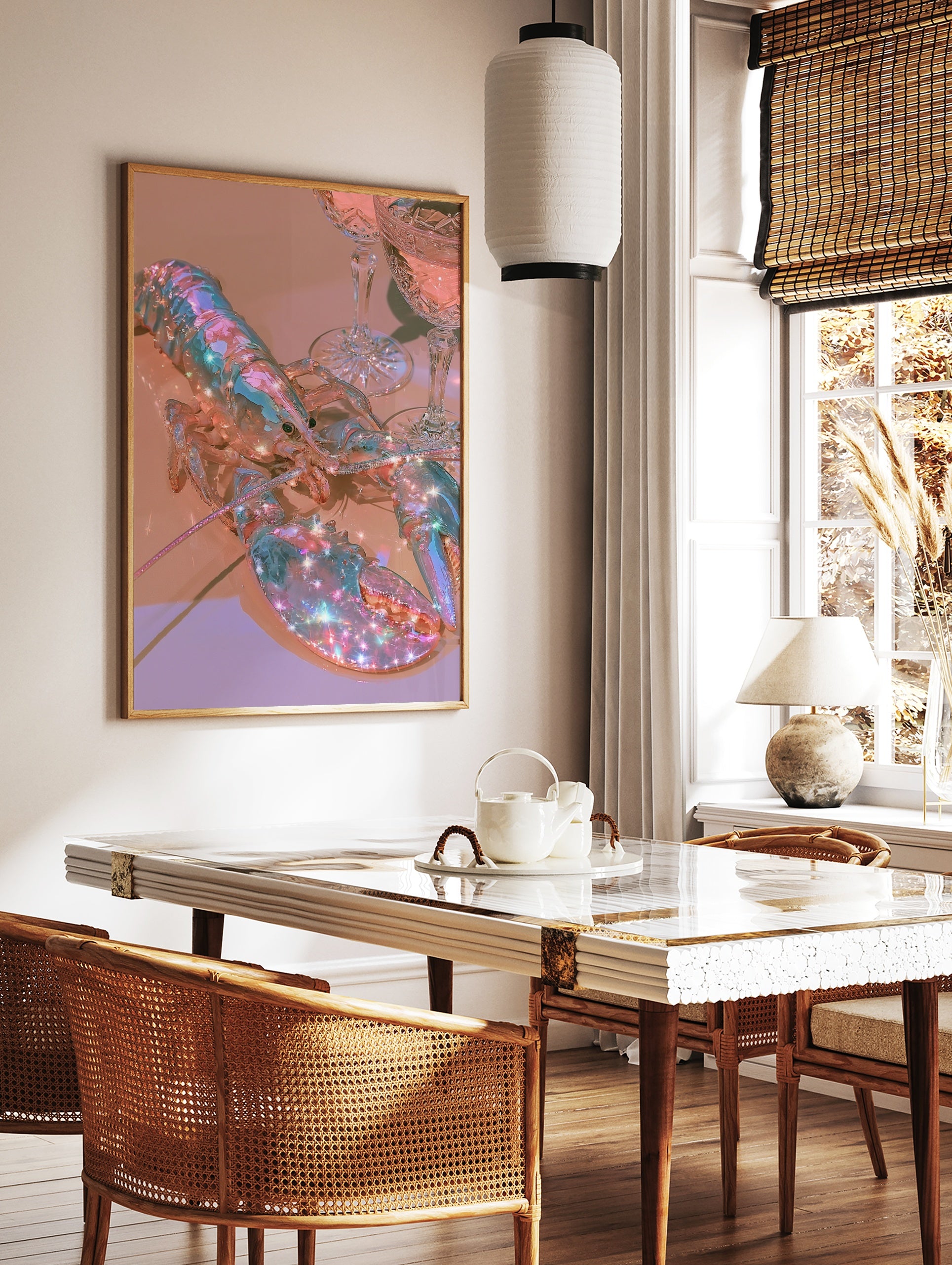 Holographic lobster artwork with iridescent shell and sparkling light effects next to crystal, in a styled room mockup
