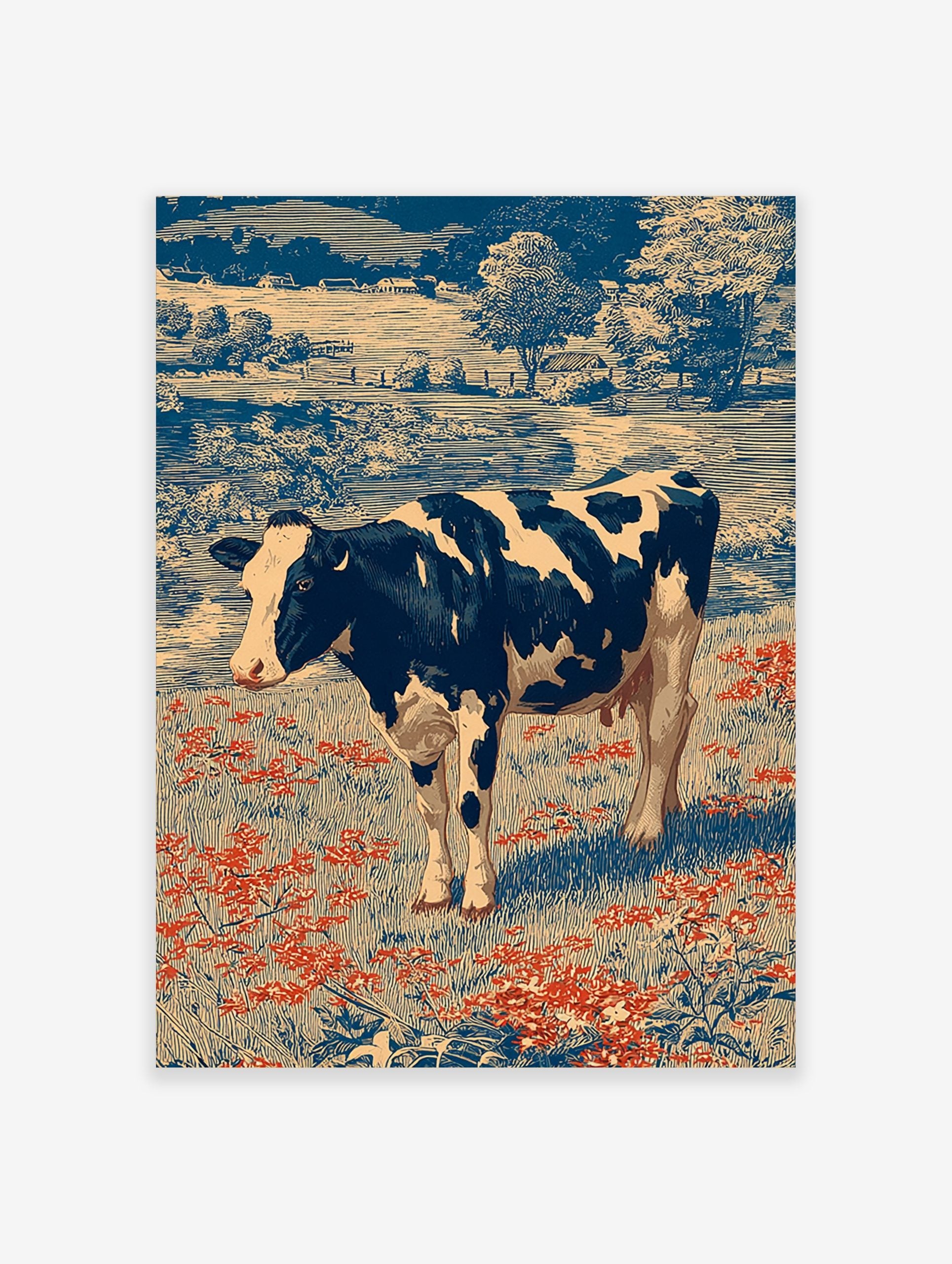 Holstein cow in a field of red flowers with blue trees and farmhouses in a vintage engraving art style