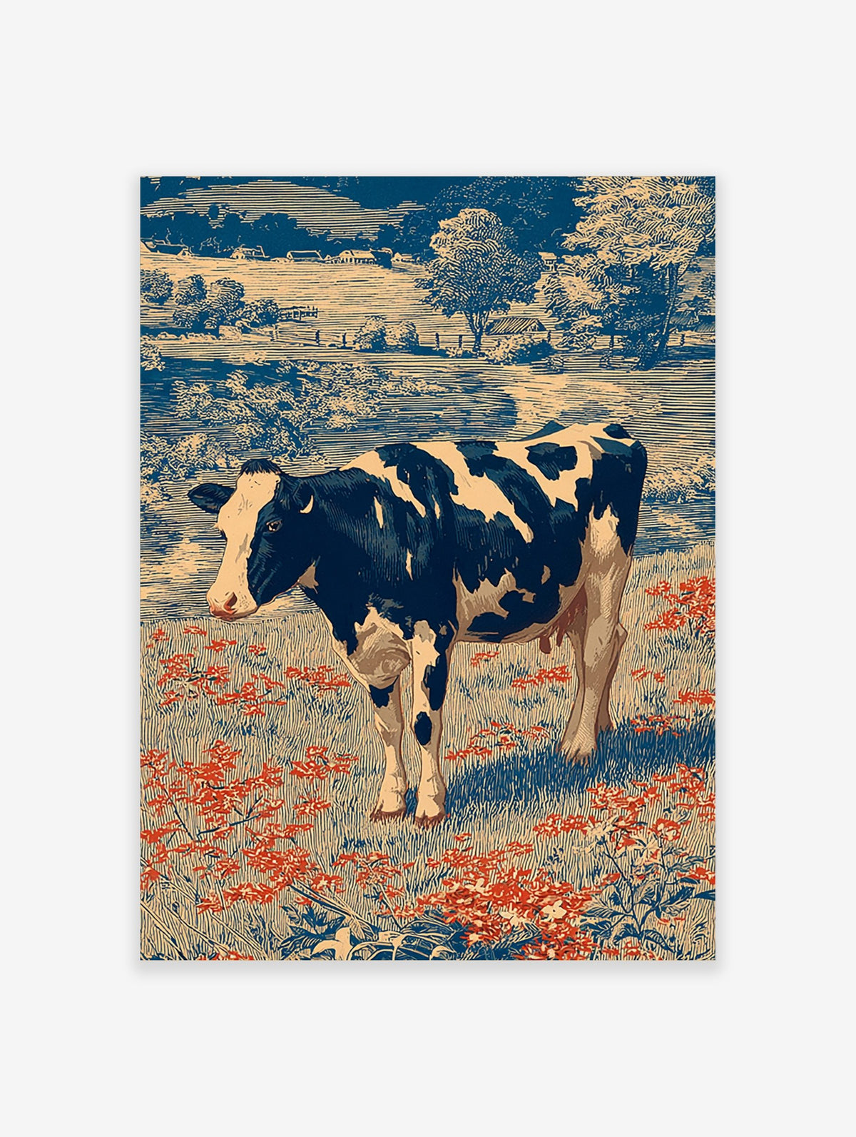 Holstein cow in a field of red flowers with blue trees and farmhouses in a vintage engraving art style