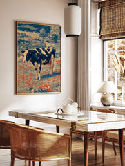 Holstein cow in a field of red flowers with blue trees and farmhouses in a vintage engraving art, in a styled room mockup