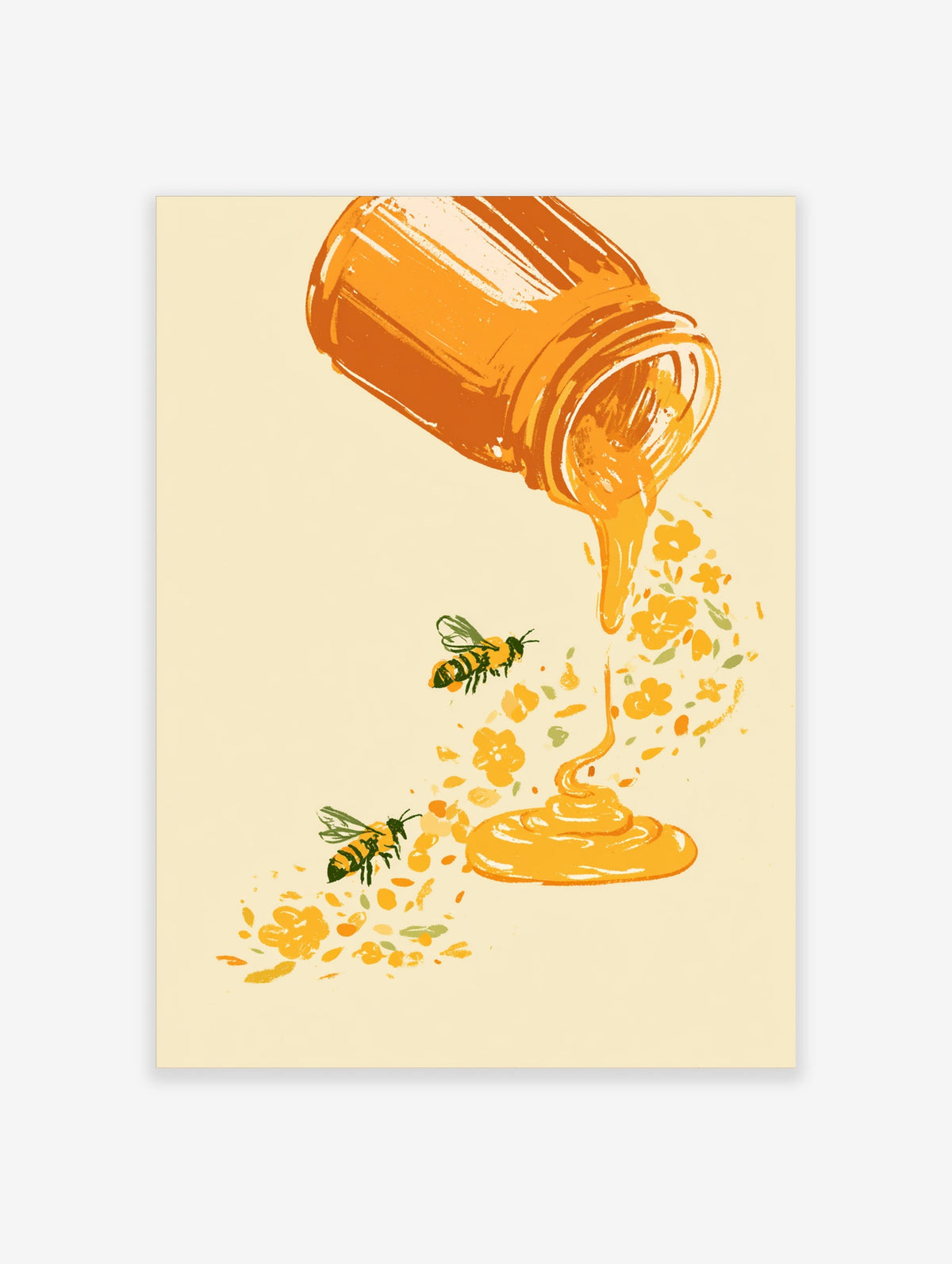 Honey drip poster with tipped jar, golden spill, two bees and yellow flowers on cream background