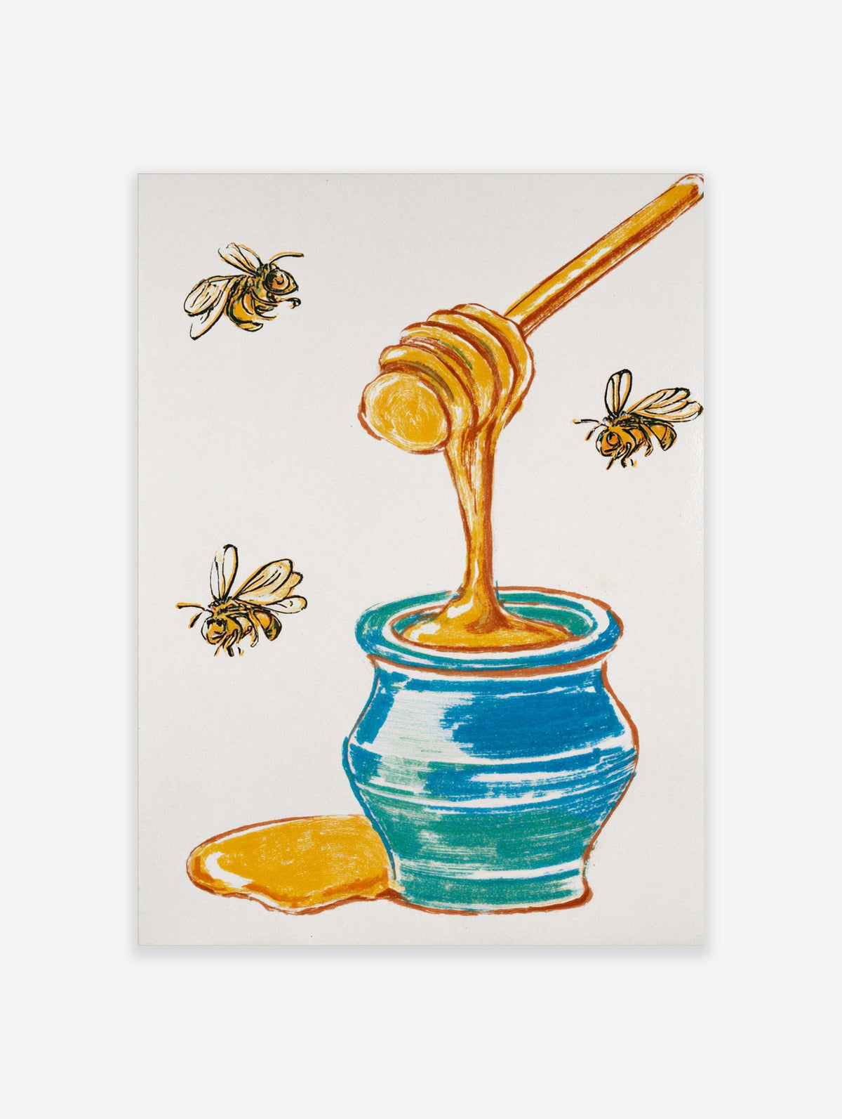 Honey dipper pouring into blue pot with three bees, illustrated food poster