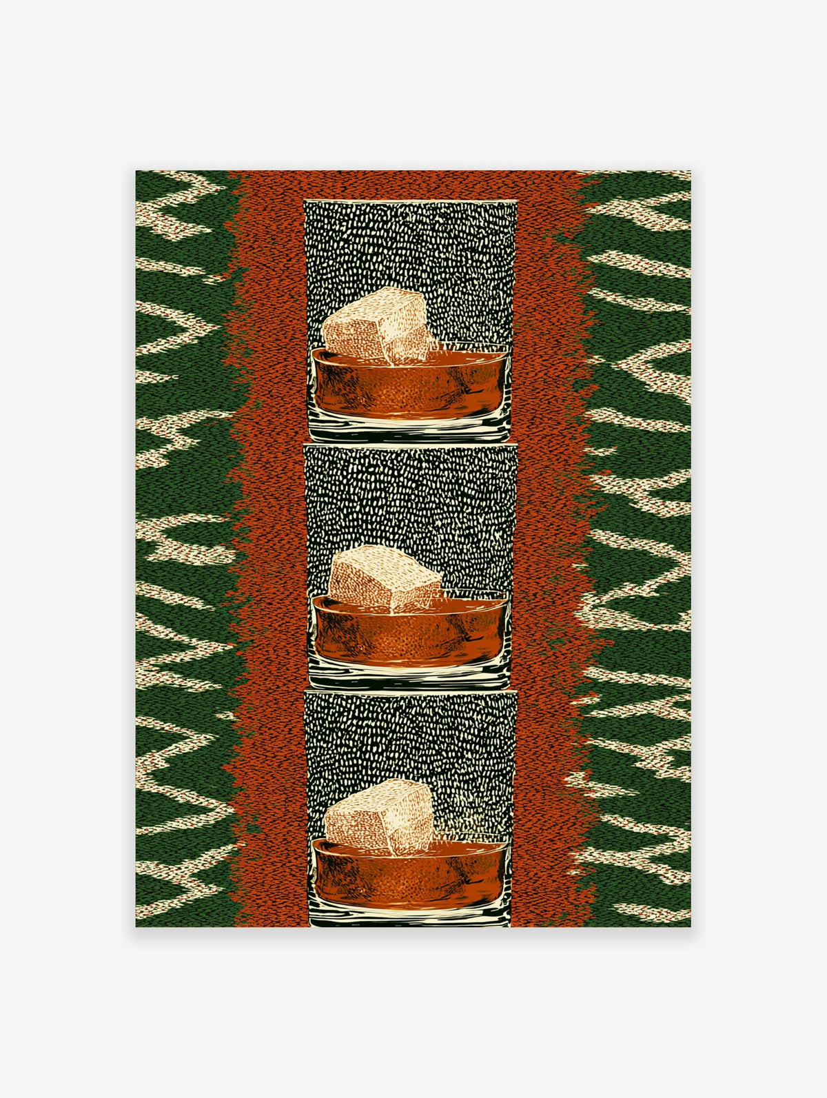 Repeated artwork of a textured honeycomb block in a terracotta bowl against a speckled black and green zig-zag background