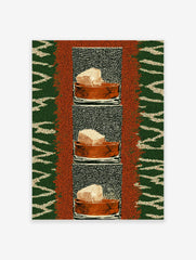 Repeated artwork of a textured honeycomb block in a terracotta bowl against a speckled black and green zig-zag background